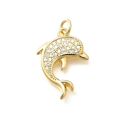 Настоящее золото 18K Латунные микропаве прозрачные подвески с фианитом, прелести дельфинов, стойки покрытие, долговечный, без свинца и без кадмия, реальный 18 k позолоченный, 21.5x15x3.5 мм, отверстие : 3 мм
