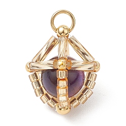 Фиолетовый Подвески из натурального тигрового глаза (окрашенного и нагретого) и стеклянных бусин ручной работы, с прыжковых колец, золотые, фиолетовые, 17.5x15x15 мм, отверстие : 2.8 мм