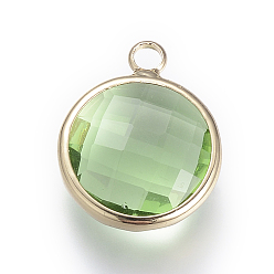 Светло-зеленый Стеклянные подвески, с латунной фурнитурой , граненые, плоско-круглые, светло-зеленый, 9.5x6.5x2.5 мм, отверстие : 2 мм