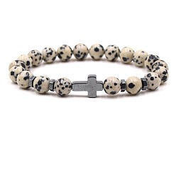 Dalmatiner Jaspis 8mm runde, elastische Armbänder aus natürlichen Dalmatinerjaspisperlen mit synthetischem, nichtmagnetischem Hämatitkreuz, 7.48 Zoll (19 cm)