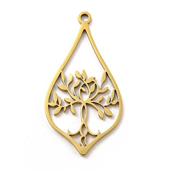 Настоящее золото 18K Ионное покрытие (ip) 304 подвески из нержавеющей стали, лазерная резка, слеза с подвеской в виде дерева, реальный 18 k позолоченный, 39.5x20x1 мм, отверстие : 2 мм