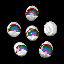 Oval Baroque Natural Keshi Pearl Beads, Hand Drawn Beads, with Enamel, Freshwater Pearl, Oval with Rainbow, Oval, 17~18x14~15.5x5~6.5mm, Hole: 1mm