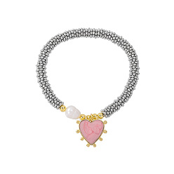 Pink Браслеты с подвесками в виде сердечек из латуни с эмалью, Натуральные бусины из пресноводного жемчуга, эластичные украшения для женщин., платиной и золотом, розовые, 6.30 дюйм (16 см)