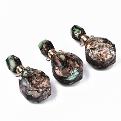 Medium Sea Green Assembled Synthetic Bronzite and Imperial Jasper Openable Perfume Bottle Pendants, with Light Gold Brass Findings, Dyed, Medium Sea Green, Capacity: 1ml(0.03 fl. oz), 39~40x19.5x13.5mm, Hole: 1.8mm
