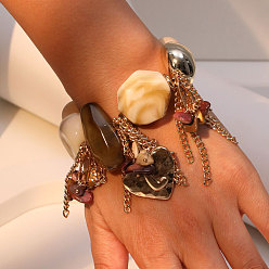 Золотой Браслеты с подвесками в виде преувеличенного сердца из сплава, Браслеты из дерева, смолы и пластика ccb с бусинами для женщин, золотые, внутренний диаметр: 2-3/8 дюйм (6 см)