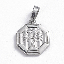 Edelstahl Farbe Anlaufgeschützt 201 Anhänger aus Edelstahl, Achteck mit Baum, Edelstahl Farbe, 20.5x17.5x1.5 mm, Bohrung: 5.5x7.5 mm
