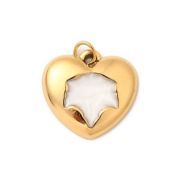 Белый 304 нержавеющей стальной эмали подвески, подвески в виде сердца с кленовыми листьями, с целью перехода в кольце, ионное покрытие (ip), реальный 18 k позолоченный, белые, 15x15.5x3 мм, отверстие : 2.5 мм