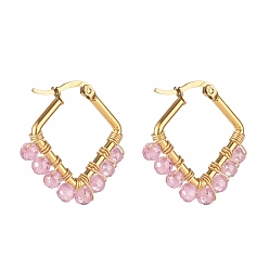 Pink Бусины из кубического циркония 201 серьги-кольца из нержавеющей стали, с 304 штифтов из нержавеющей стали, розовые, 26x26x4 мм, штифты : 0.7 мм