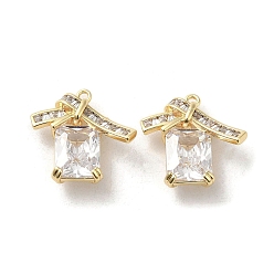 Real 18K Gold Plated Brass with Glass Rhinestone Pendants, Rectangle with Bowknot Charms, Real 18K Gold Plated, 18x19x7mm, Hole: 1.2mm