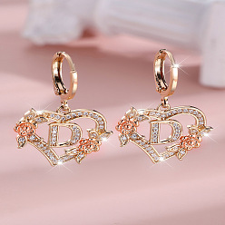 Letter D Серьги-кольца из латуни с микропаве и прозрачным кубическим цирконием в форме сердца, золотые, Буква D, 34x20 мм