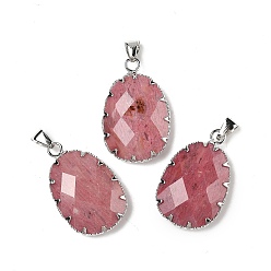Родонит Природные подвески родонит, овальные граненые подвески с латунной и железной фурнитурой, платина, 26x17x5~6 мм, отверстие : 4.5 мм