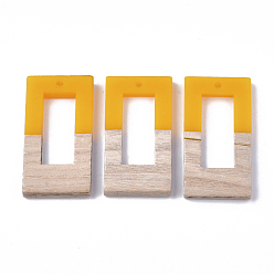 Gold Resin & Walnut Wood Pendants, Rectangle, Gold, 38x19.5x4mm, Hole: 2mm