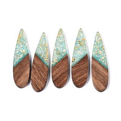 Средний Бирюзовый Подвески из непрозрачной смолы и орехового дерева, слезинки, с блестящей пудрой и золотой фольгой, средне бирюзовый, 52~53x13.5x3 мм, отверстие : 1.8 мм