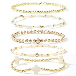  5шт. 5 стили, набор эластичных браслетов ручной работы из латуни и стеклянных бусин, украшения в виде крестиков для женщин, 6.89 дюйм (17.5 см)