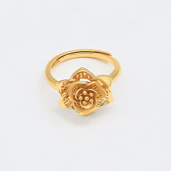 Настоящее золото 18K Регулируемые латунные открытые манжеты для женщин, цветок, реальный 18 k позолоченный, 16 mm ~ 20 mm