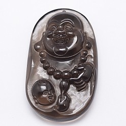 Black Natural Ice Crystal Obsidian Carven Pendants, Buddha, Black, 56x33x12mm, Hole: 1mm
