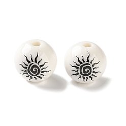 Noir Perles de porcelaine à la main imprimés, rond avec soleil en spirale, noir, 11.5mm, Trou: 2mm