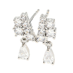 Platinum Rack Plating Brass Cubic Zirconia Grape Shape Dangle Stud Earrings, Long-Lasting Plated, Lead Free & Cadmium Free, Platinum, 16x6mm