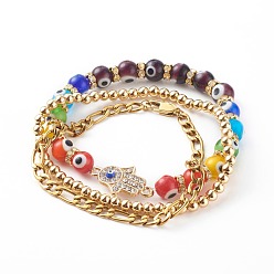 Golden Chakra Stretch Bracelets & Chain Bracelets Sets, with Evil Eye Lampwork Beads, 304 Stainless Steel Figaro Chains and Brass Round Beads, Hamsa Hand, Colorful, Golden, 2-1/4 inch(5.6cm), 7-5/8 inch(19.5cm), 2-3/8 inch(6cm), 3pcs/set