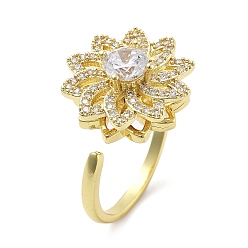 Золотой Вращающиеся открытые манжеты-кольца для женщин с изображением подсолнечника, латунные кольца-спиннеры с микро-паве и прозрачным кубическим цирконием, золотые, 16.5x16.5 мм, внутренний диаметр: американский размер 7 1/4 (17.5 мм)