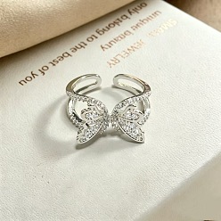 Platinum Brass Micro Pave Cubic Zirconia Cuff Open Rings, Butterfly, Platinum, 15~20mm