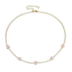 Pink Cubic Zirconia Classic Tennis Necklace with Flower Links, Golden Brass Jewelry for Women, Pink, 14.37 inch(36.5cm)