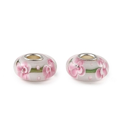 Floral White Lampwork & Brass Core European Beads, Large Hole Beads, Rondelle with Flower, Floral White, 15x7.5mm, Hole: 4mm