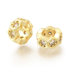 Золотой Шестиугольные латунные микропаве прозрачные кубические цирконии европейские бусины, рондель, колесо, бусины с большими отверстиями, стойки покрытие, долговечный, без свинца и без кадмия, золотые, 8x4 мм, отверстие : 4.4 мм