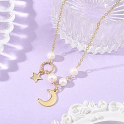 Oro Collares con colgante de luna y estrella de latón y cadena de cable para mujer, Con perlas naturales cultivadas en agua dulce., blanco, dorado, 15.87 pulgada (40.3 cm)