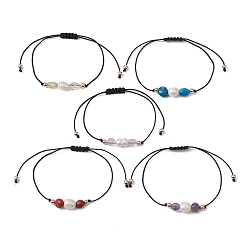 Mixed Stone Natural Mixed Gemstone Nuggets & Pearl Braided Bead Bracelets, Nylon Adjustable Bracelet, Inner Diameter: 3-1/8 inch(8cm)