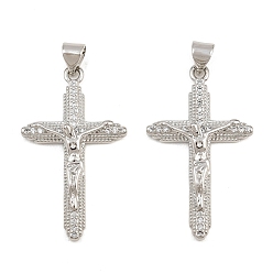 Platinum Easter Brass Micro Pave Clear Cubic Zirconia Pendants, Crucifix Charms, Cadmium Free & Lead Free, Platinum, 32.5x19x5mm, Hole: 5x3mm