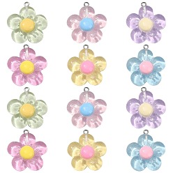(52) Непрозрачная лаванда 60шт 6 цветные подвески из полупрозрачной смолы, блестящие цветочные прелести, с платиновыми тоновыми железными петлями, разноцветные, 31x27x8.5 мм, отверстие : 1.8~2 мм, 10 шт / цвет