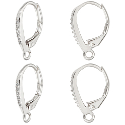 Платина 4пары латунных серег с микропаве из прозрачных кубических цирконий с застежкой-рычагом, с петлей, платина, 17x11x1.5 мм, отверстие : 1.5 мм, 4 пар / набор