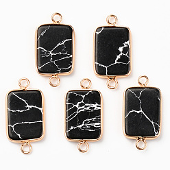 Бирюза Синтетические бирюзовые ссылки, с латунными петлями по краям, покрытыми светлым золотом, прямоугольные, чёрные, 28.5x15x3.5 мм, отверстие : 2 мм