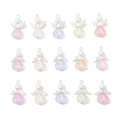 (52) Непрозрачная лаванда Подвески ангелы из акрила и сплава, с круглыми бусинами из искусственного стекла, серебряные, разноцветные, 30.5~33x20~22.5x8 мм, отверстие : 3.5 мм, 3 стили, 5 шт / стиль, 15 шт