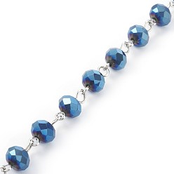 Marine Blue Handmade Electroplate Glass Beaded Chains, Unwelded, with Iron Eye Pin, Rondelle, Marine Blue, 14x8mm, 1m/strand, 39.37 inch