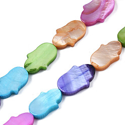 Mixed Color Natural Freshwater Shell Beads Strands, Dyed, Hamsa Hand, Colorful, 14~15.5x9~10.5x3mm, Hole: 0.7mm, about 26pcs/strand, 15.51 inch(39.4cm)