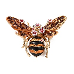 Orange Bee with Flower Enamel Pins, Alloy Rhinestone Lapel Pins for Clothes, Golden, Orange, 40x60mm
