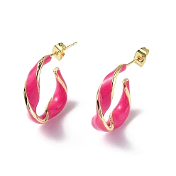 Deep Pink Enamel Twist Stud Earrings, Golden Brass Half Hoop Earrings for Women, Deep Pink, 25x21x9mm, Pin: 0.8mm