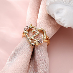 Letter Z Сердце с цветком полые латунные перстни, золотой и розовое золото, Письмо Z, внутренний диаметр: 17 мм