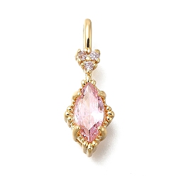 Pink Латунь стекло кулоны, ромб с сердечками, реальный 14 k позолоченный, граненые, розовые, 18.5x6.5x4.5 мм, отверстие : 3.5x2 мм