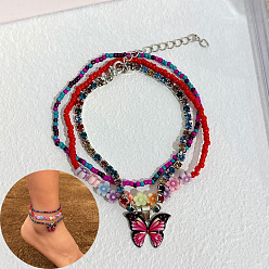 Красный Комплекты многослойных браслетов на лодыжку из богемской смолы и стеклянных бусин, с подвесками в виде бабочек из сплава эмали, платина, красные, 9-1/8 дюйм (230 мм), 3 шт / комплект