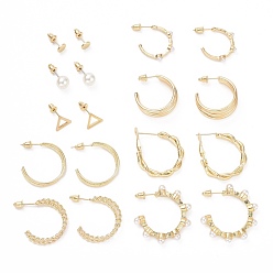 Golden Ring & Triangle & Round Stud Earrings, Resin Pearl Beads Half Hoop Earrings, Open Hoop Earrings for Women, Golden, 6~36x3~12mm, Pin: 0.8~0.9mm, 9 pairs/set