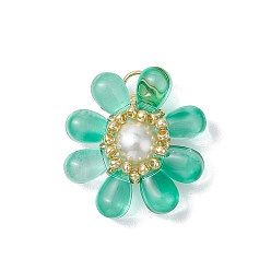 Средний Морско-зеленый Стеклянные подвески, с латунной фурнитурой , цветок, средний морской зеленый, 25.5x23.5x8 мм, отверстие : 6.5x3 мм