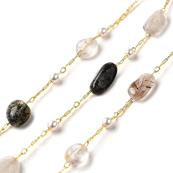 Rutilated Кварц Цепочки из бусин ручной работы с натуральными самородками рутилового кварца, пайки, с бусинами из АБС-пластика и фурнитурой из латуни с покрытием из стойки, долговечный, без свинца и без кадмия, с катушкой, реальный 18 k позолоченный, 4~7x6~12x3~5 мм