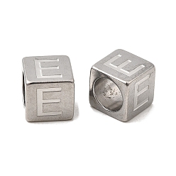 Letter E 304 из нержавеющей стали европейские шарики, бусины с большим отверстием, куб с письмом, Письмо E, 7x7x7 мм, отверстие : 5 мм