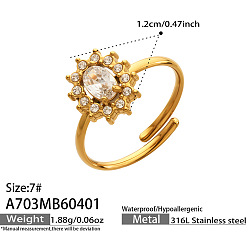 Real 18K Gold Plated 316L Stainless Steel Micro Pave Cubic Zirconia Cuff Open Rings for Women, Flower, with Glass, Real 18K Gold Plated, US Size 7(17.3mm)