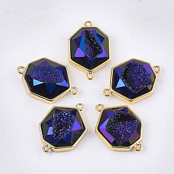 Mauve Electroplate Synthetic Druzy Agate Links connectors, with Brass Findings, Heptagon, Golden, Mauve, 27x18x7~8mm, Hole: 1.6mm