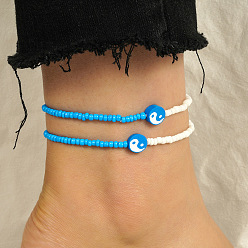 Темно-Голубой 2шт. наборы эластичных браслетов на ногу из полимерной глины и стеклянных бусин инь-янь для женщин, глубокое синее небо, внутренний диаметр: 2-3/4 дюйм (70 мм)