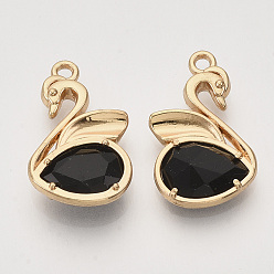 Light Gold Eco-Friendly Alloy Pendants, with Faceted Glass, Nickel Free, Swan, Black, Light Gold, 20x12.5x4mm, Hole: 1.5mm